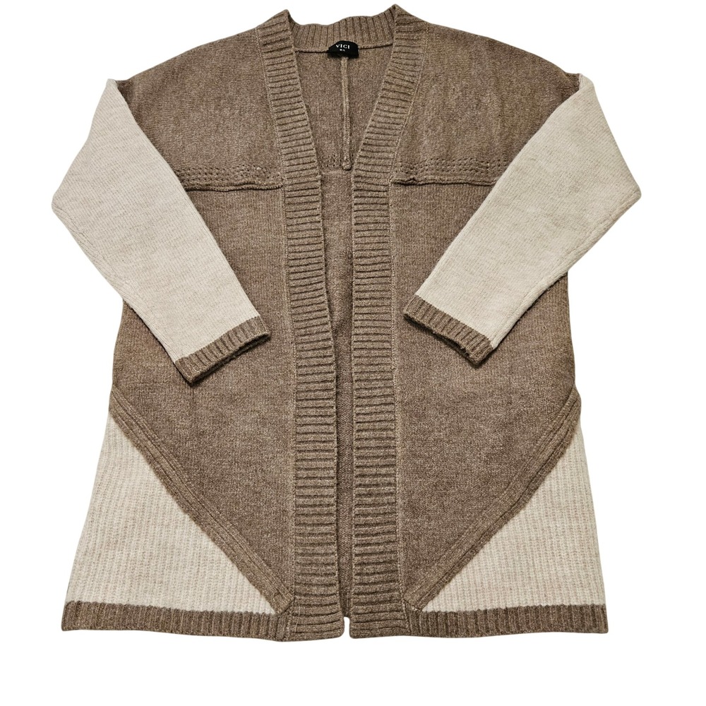 VICI Womens Colorblock Open Front Longline Cardigan Sweater Earthy Brown Tan M/L